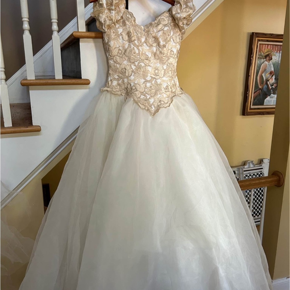 Wedding dress, veil, and train.